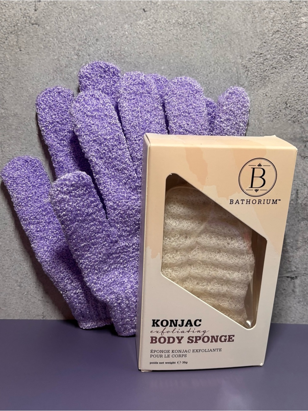 Konjac Exfoliating Body Sponge with Purple Exfoliating Gloves